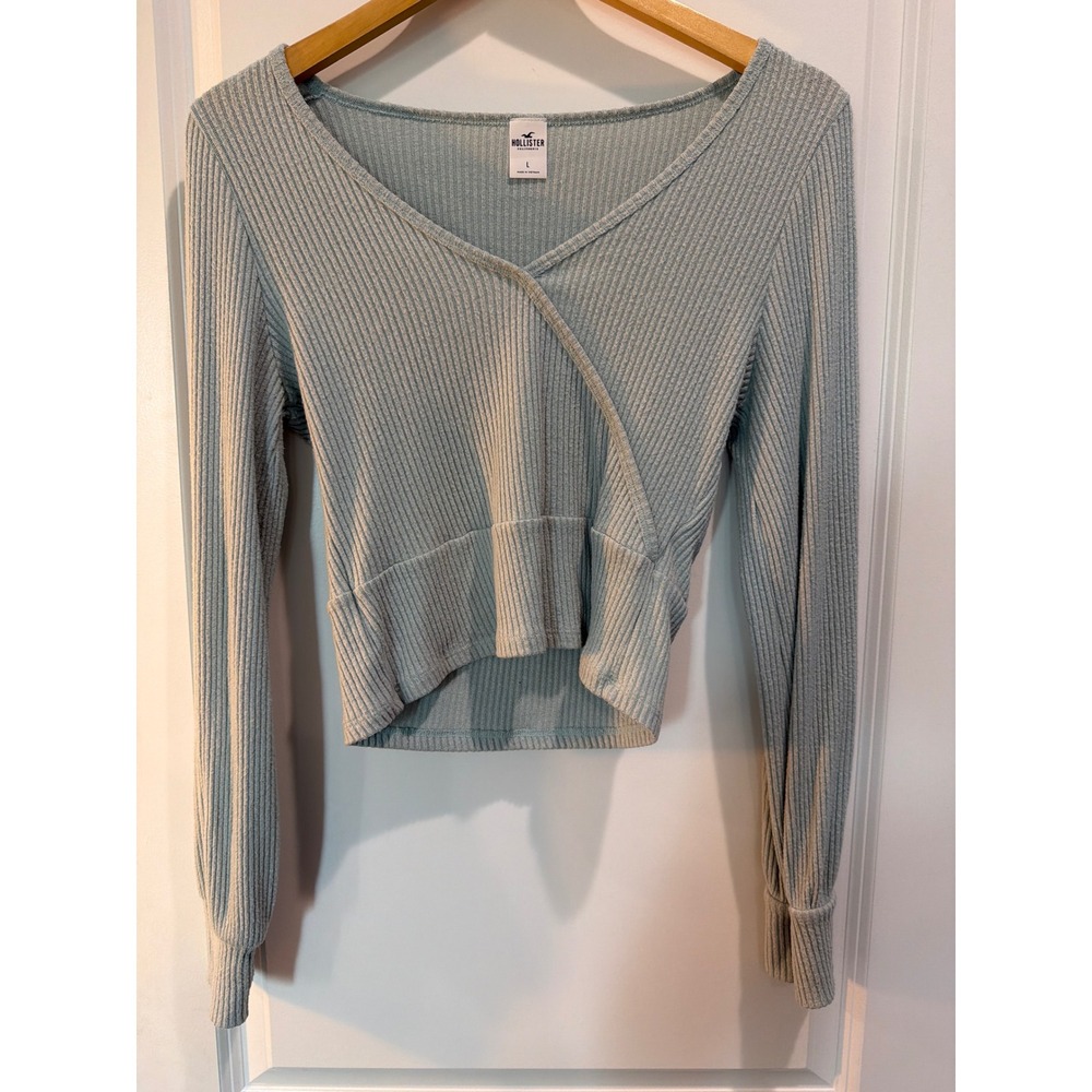 Hollister Ribbed Wrap Front Long Sleeve Cropped Top Light Blue Large Y2K